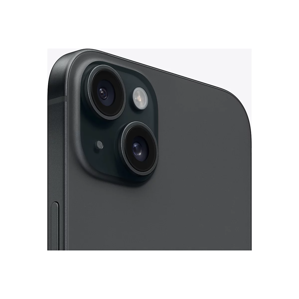 Nahaufnahme der Rückseite eines schwarzen Smartphones mit zwei Objektiven und einem Blitz.