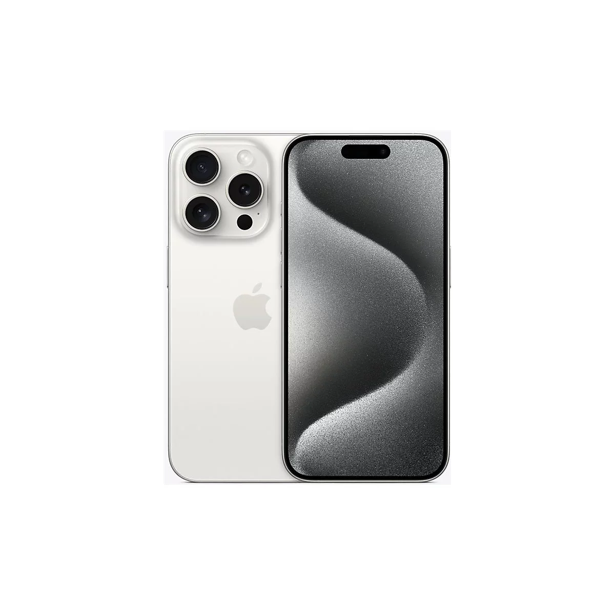 Hellgraues Smartphone, Vorder- und Rückseite gezeigt. Auf der Rückseite drei Kameras und Apple-Logo, vorne Display mit dunkler Oberfläche.