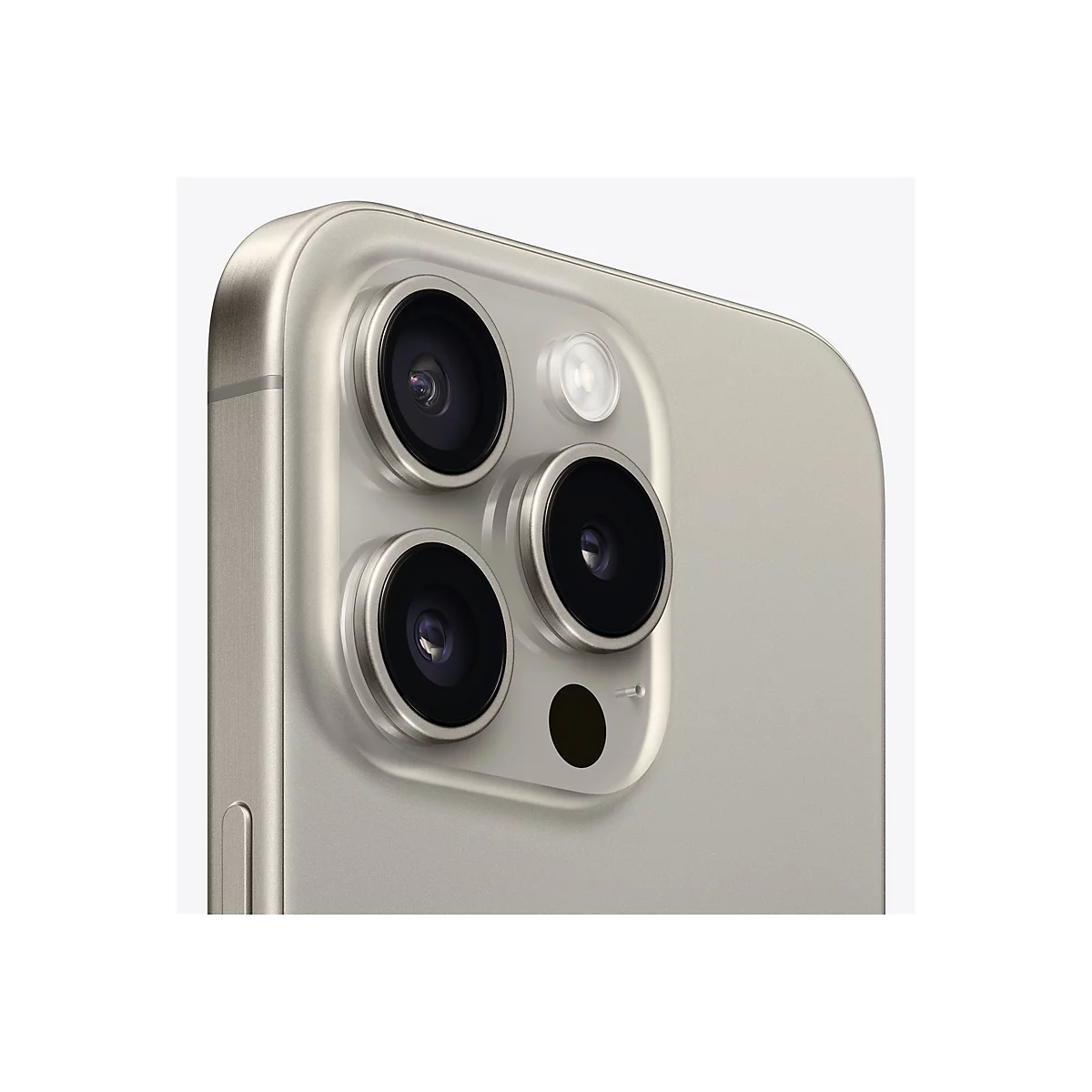 Nahaufnahme der Rückseite eines Smartphones in Beige mit drei Objektiven und einem Blitz.