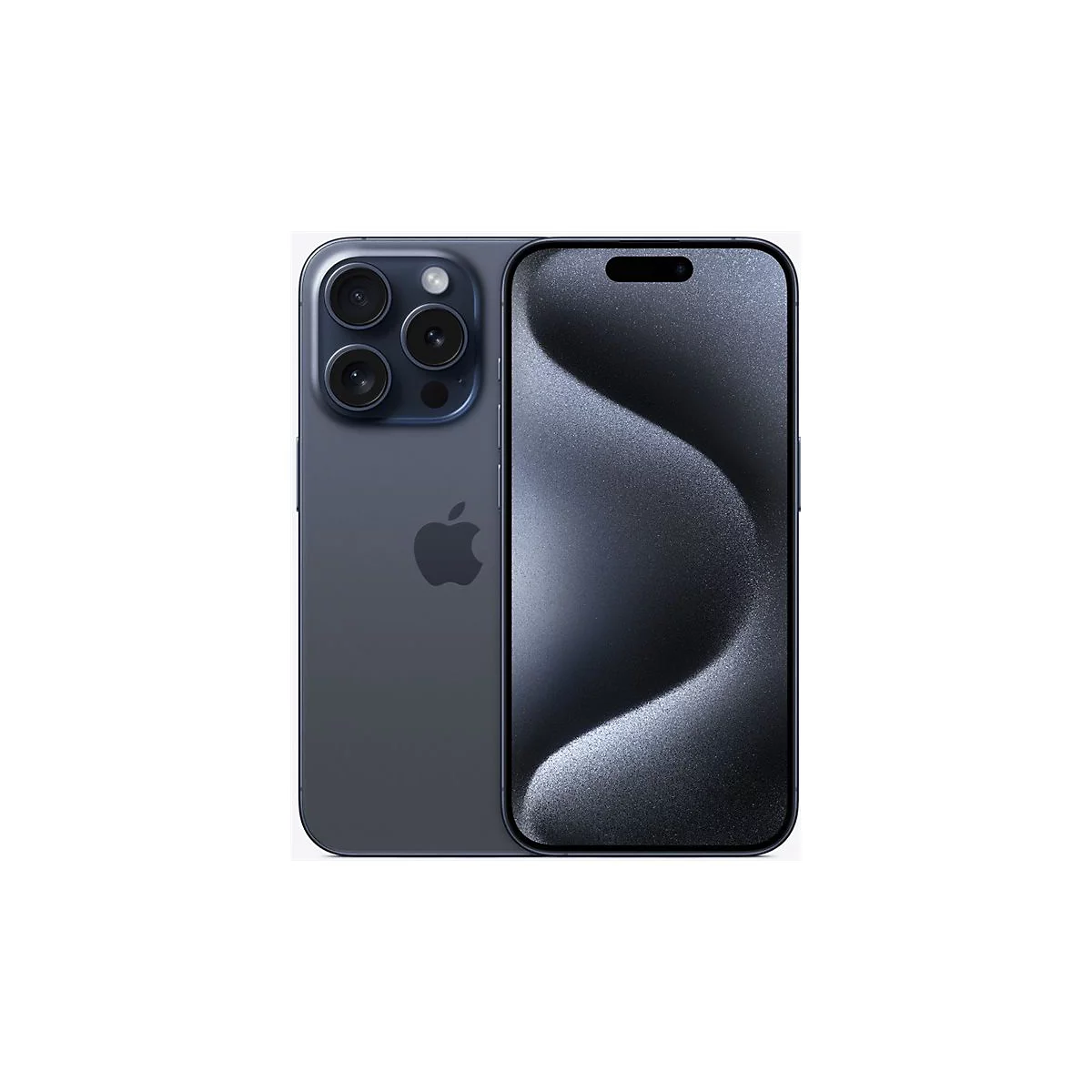 Dunkelgraues Smartphone mit drei Kameras, Apple-Logo. Bildschirm zeigt helle, geschwungene Linien.