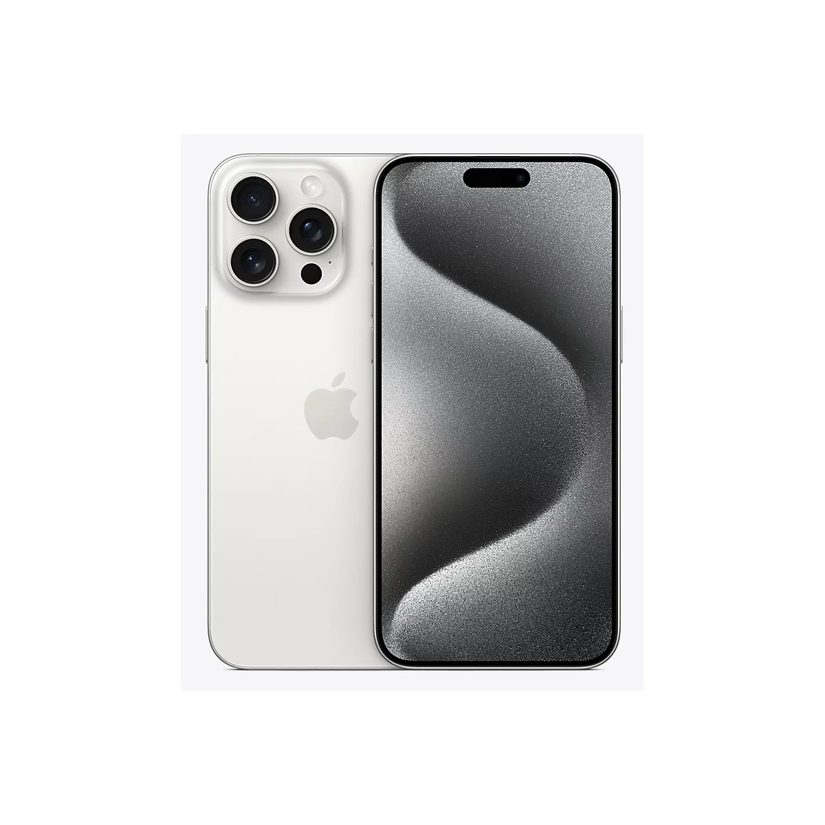 Ein weißes iPhone, Rückseite mit Kameras und Apple-Logo, Vorderseite mit dynamischer Insel.