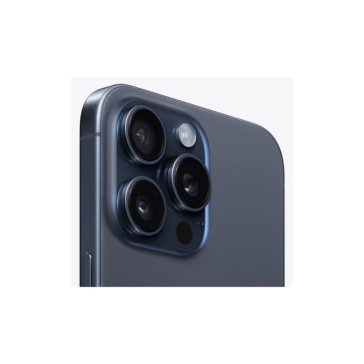 Nahaufnahme der RÃ¼ckseite eines blauen Smartphones mit drei Objektiven, einem Blitz und einem schwarzen Mikrofon.