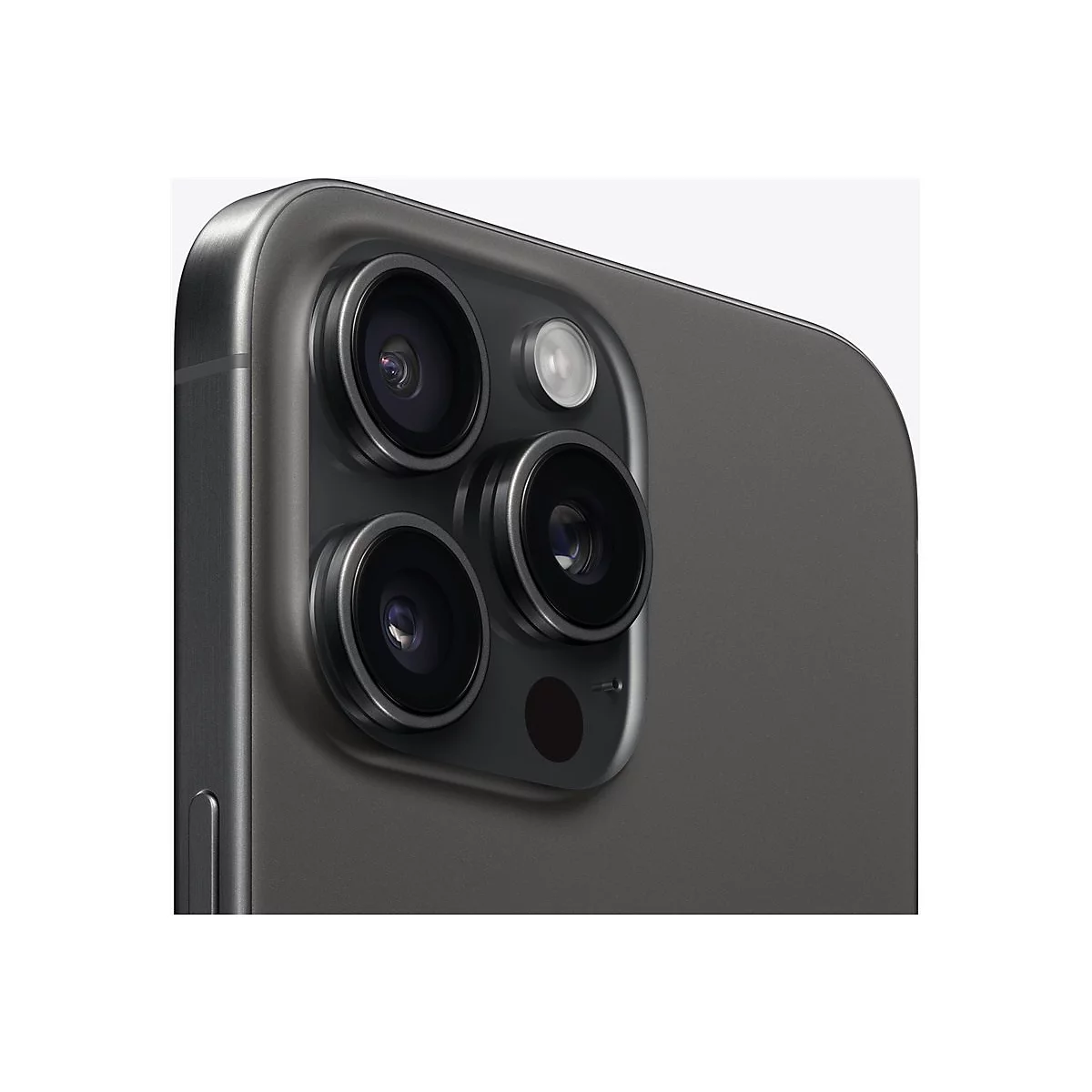 Nahaufnahme der Kameramodule eines iPhones in Dunkelgrau, mit drei Objektiven, einem Blitz und einem Mikrofon.