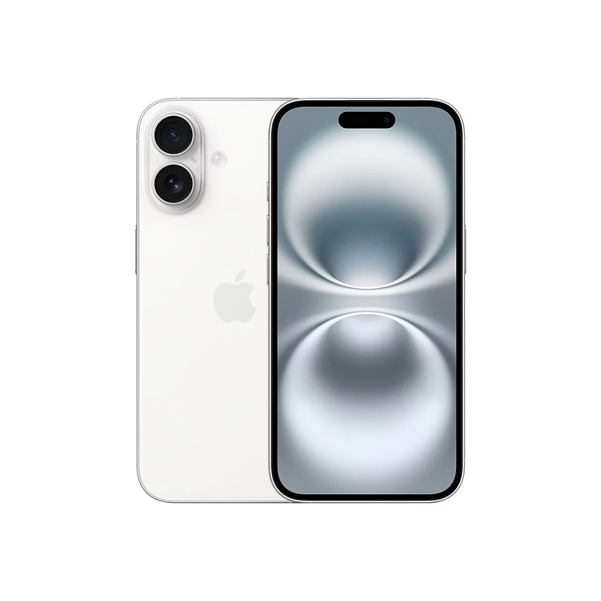 Weißes Smartphone mit zwei Kameralinsen auf der Rückseite und leuchtendem Display vor weißem Hintergrund.