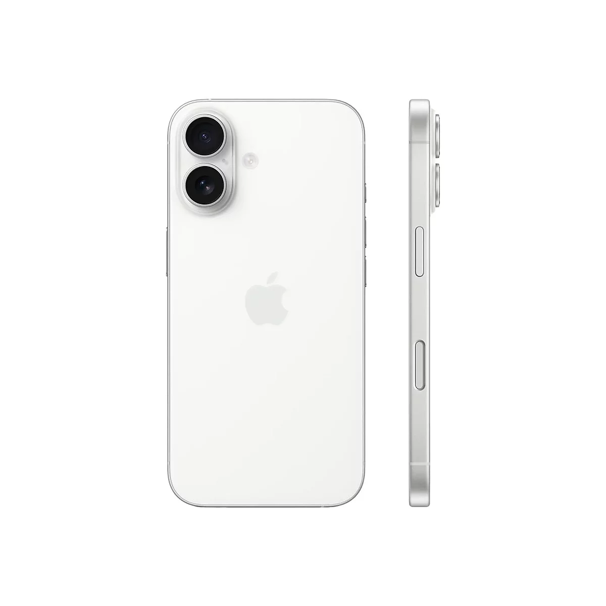 Weißes Apple iPhone in Rückansicht und Seitenansicht vor weißem Hintergrund.