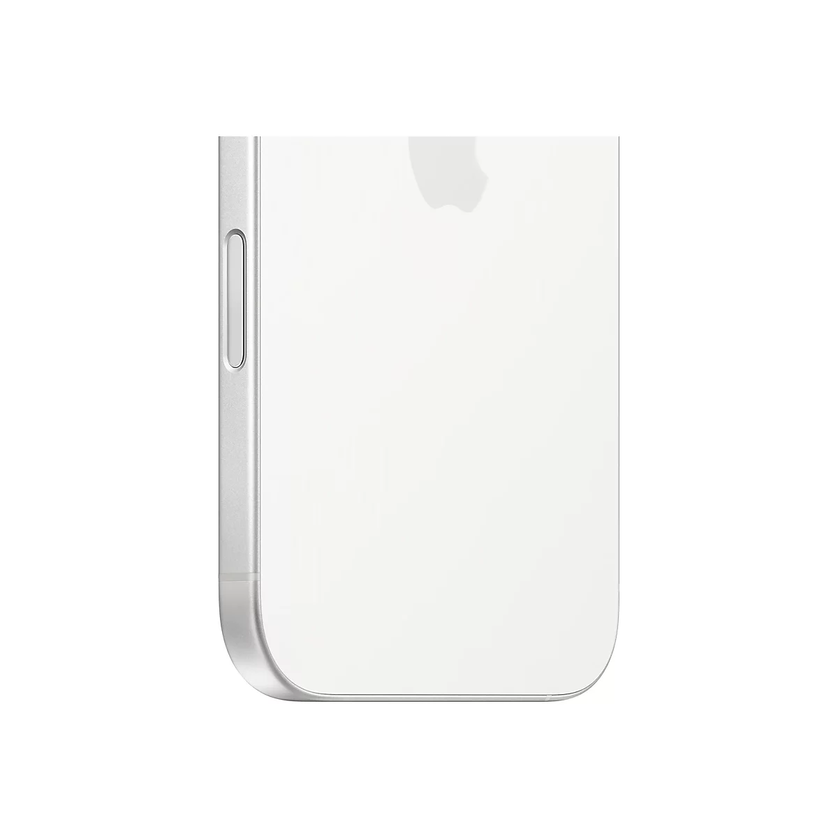 Nahaufnahme eines weißen Smartphones, Rückseite. Apple-Logo oben. Rechte Seite mit Lautstärketasten.