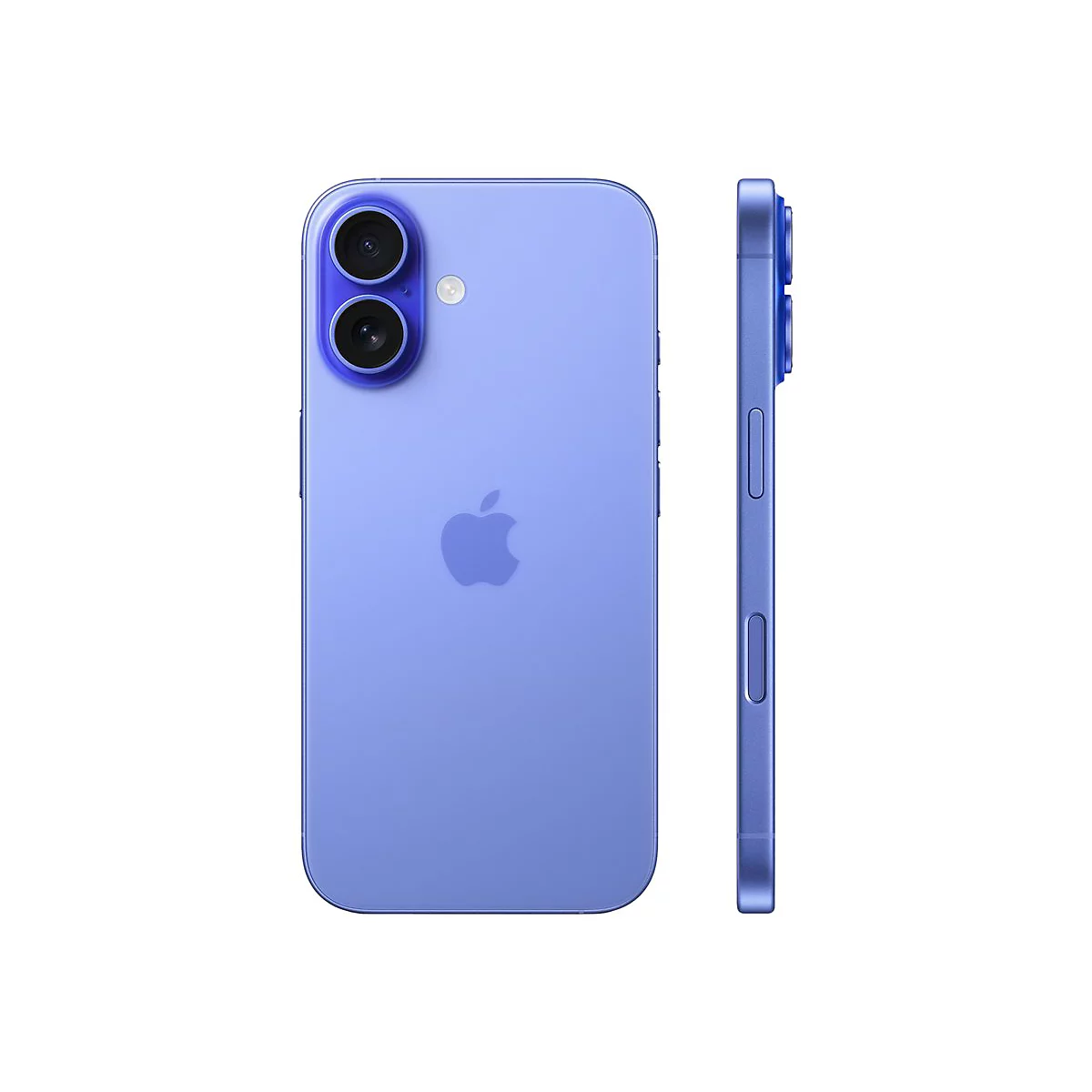Hellblaues iPhone mit zwei Kameras und Apple-Logo, von hinten und der Seite gezeigt.