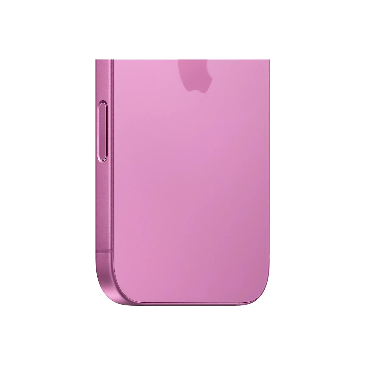 Nahaufnahme eines rosafarbenen iPhones mit Apple-Logo. Die Seite mit den Lautstärketasten ist sichtbar.