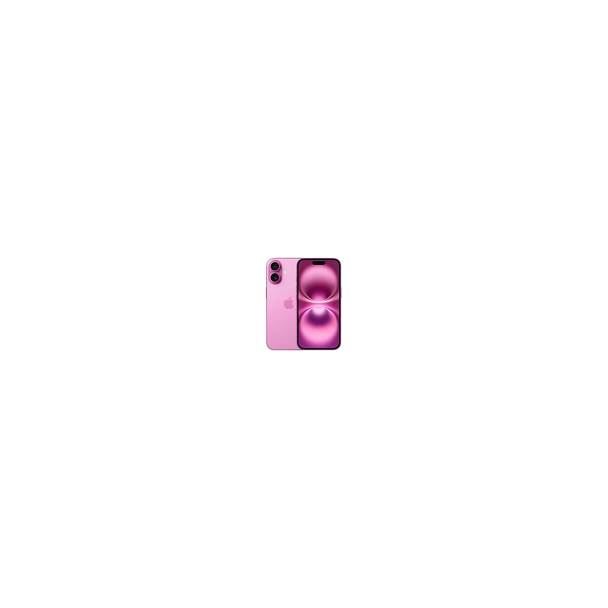 Ein rosa iPhone mit zwei Kameras, liegt neben einer Ansicht der Vorderseite mit einem rosafarbenen Bildschirm.
