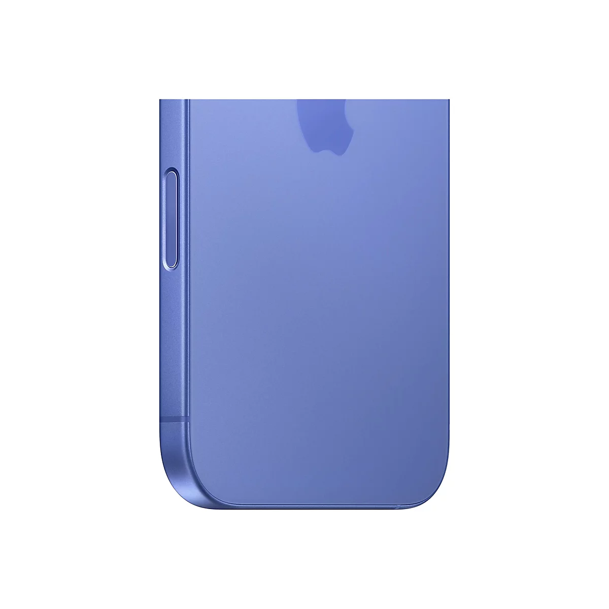 Nahaufnahme eines blauen Smartphones. Auf der Rückseite ist das Apple-Logo zu sehen, die Seite zeigt die Lautstärketasten.