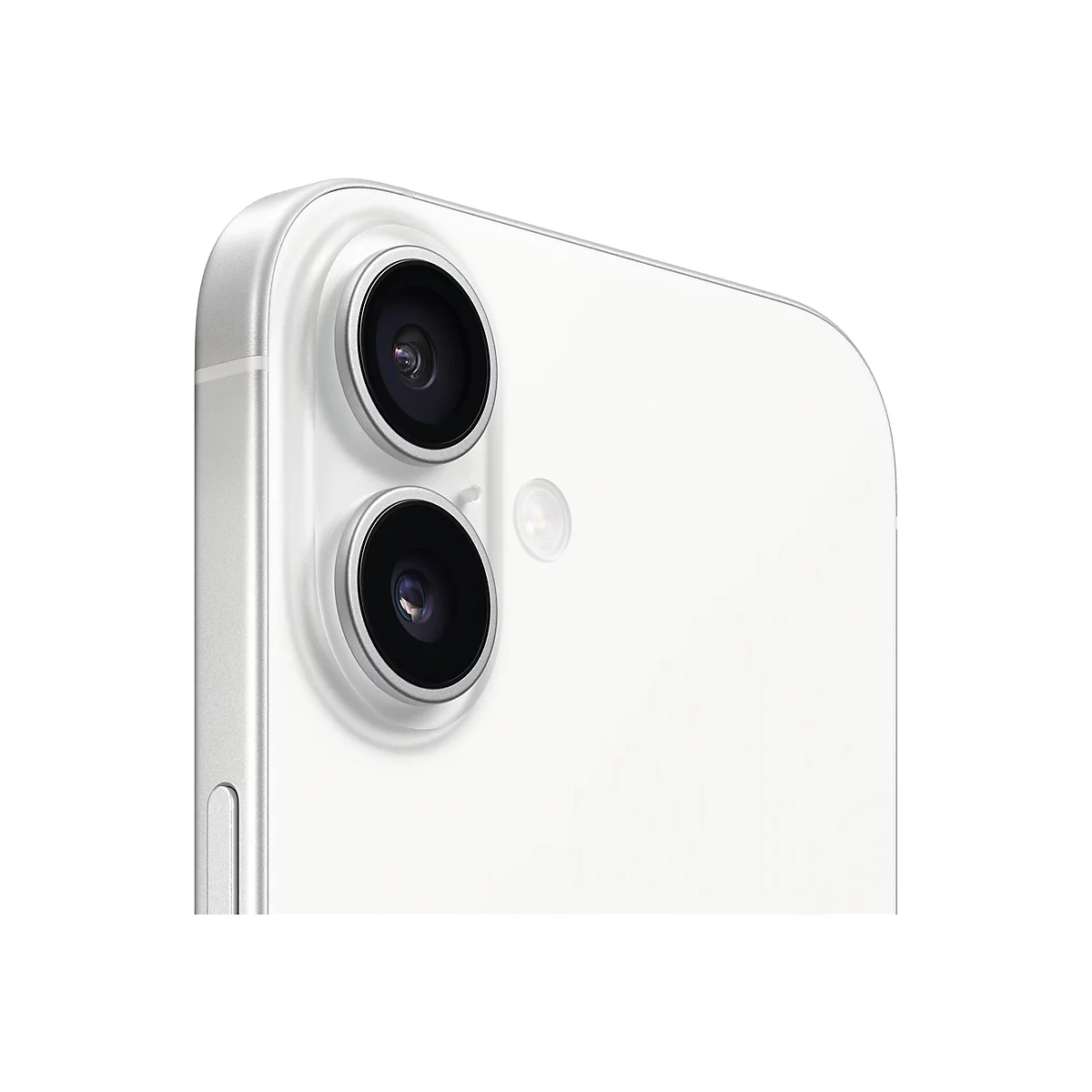 Nahaufnahme der Rückseite eines weißen Smartphones mit zwei Kameras und einem Blitz.