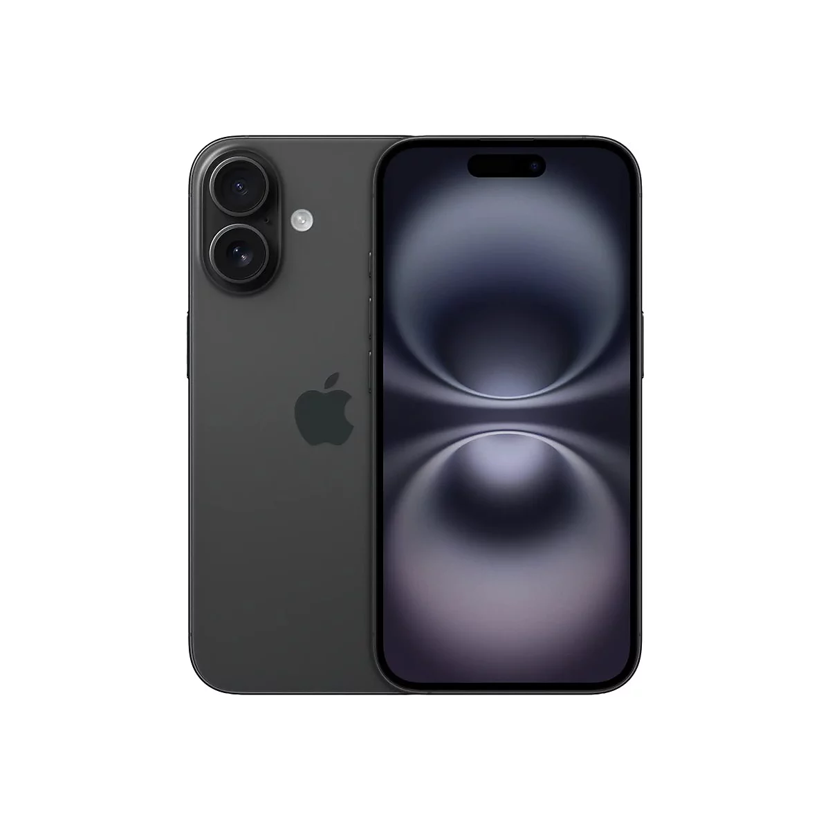 Smartphone gris foncé avec logo Apple, l'écran affiche un motif abstrait et incurvé. Dos avec deux lentilles d'appareil photo.