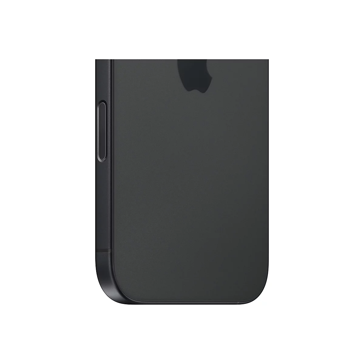 Gros plan d'un iPhone noir. Bouton latéral à gauche, logo Apple à droite.