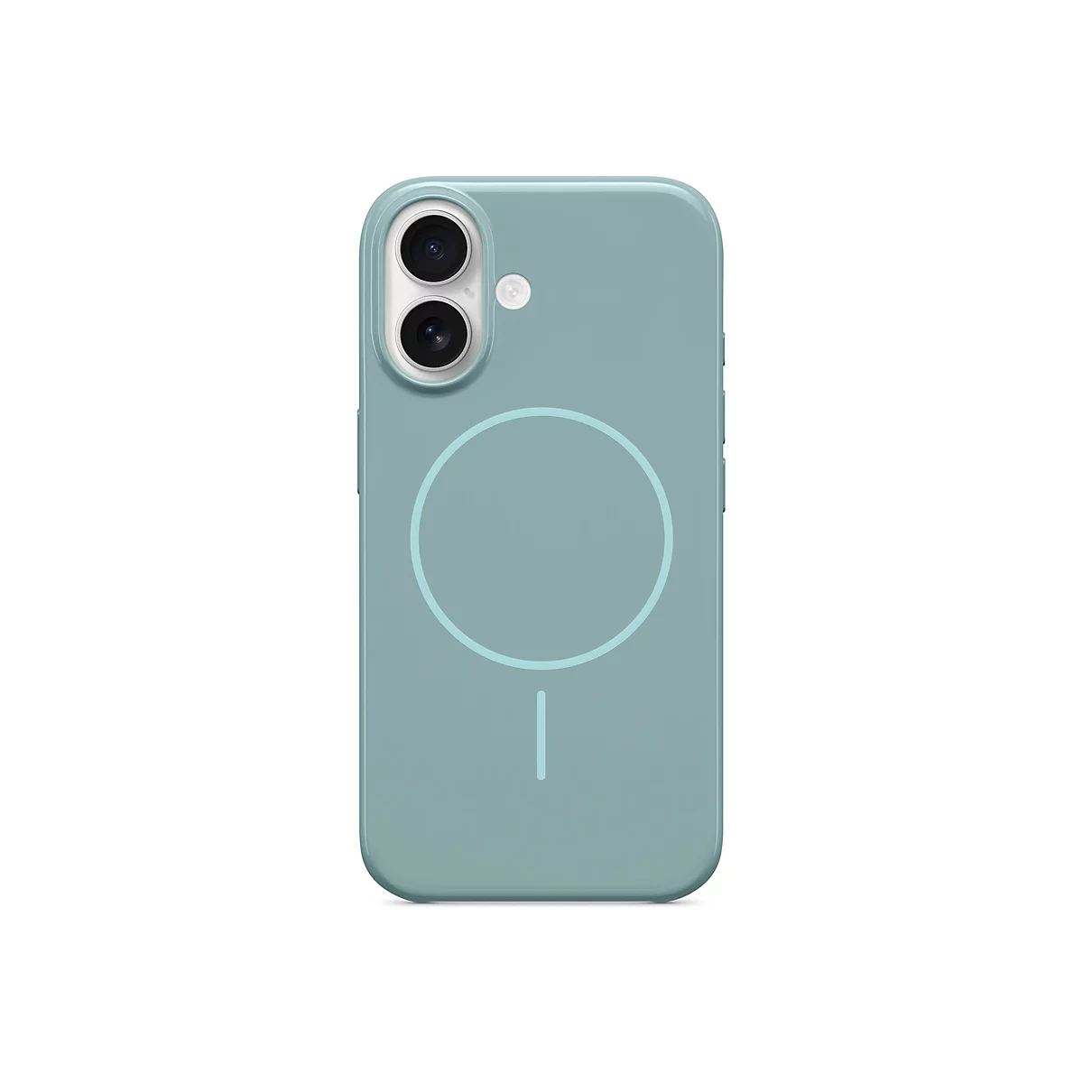 Coque de smartphone bleu clair pour un téléphone Apple, avec caméras et anneau magnétique sur fond blanc.