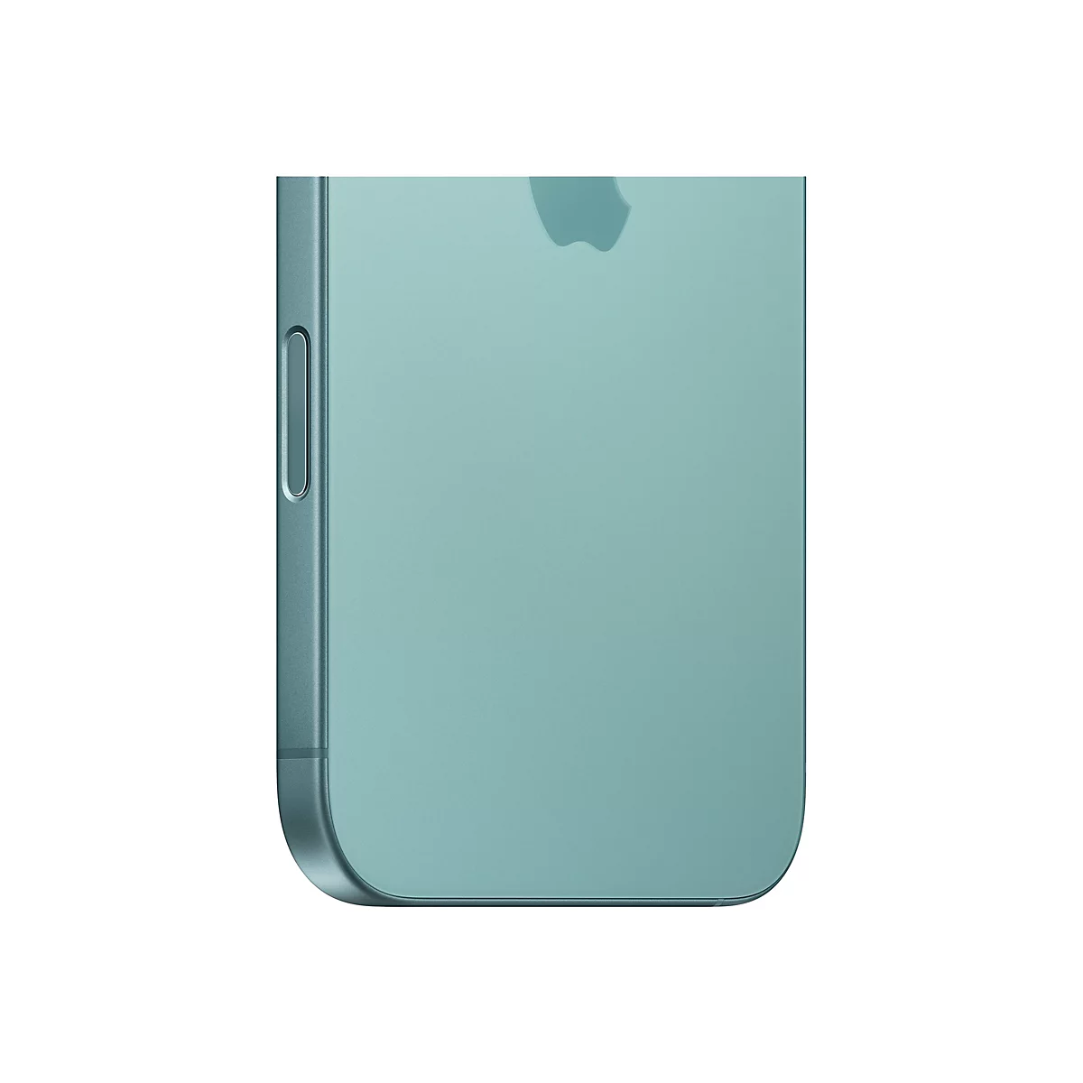 Nahaufnahme eines mintfarbenen Smartphones auf weißem Hintergrund. Die Seite mit den Knöpfen und das Apple-Logo sind sichtbar.
