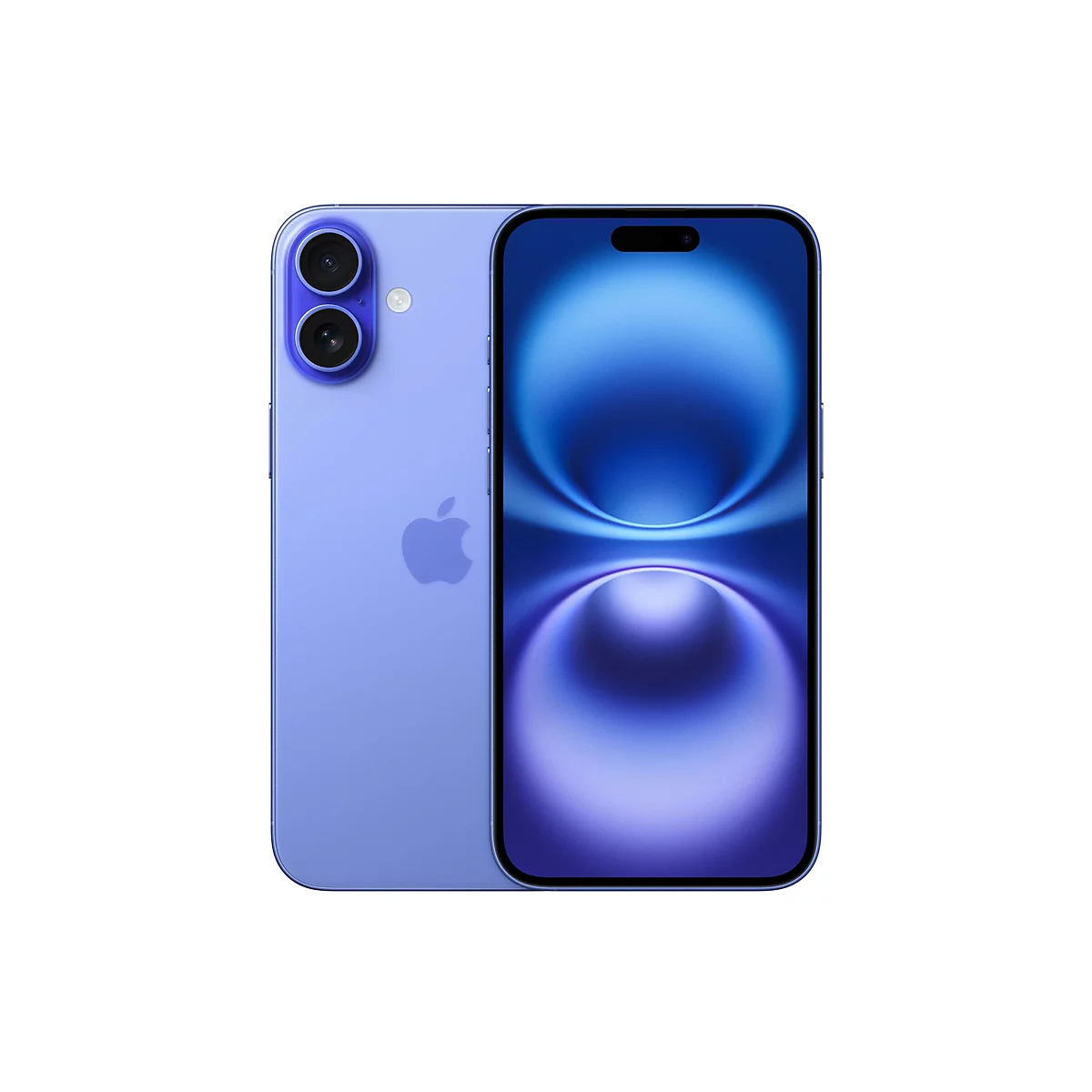 Ein lila Smartphone mit zwei Kameras auf der Rückseite und einem blauen Bildschirm. Das Apple-Logo ist sichtbar.