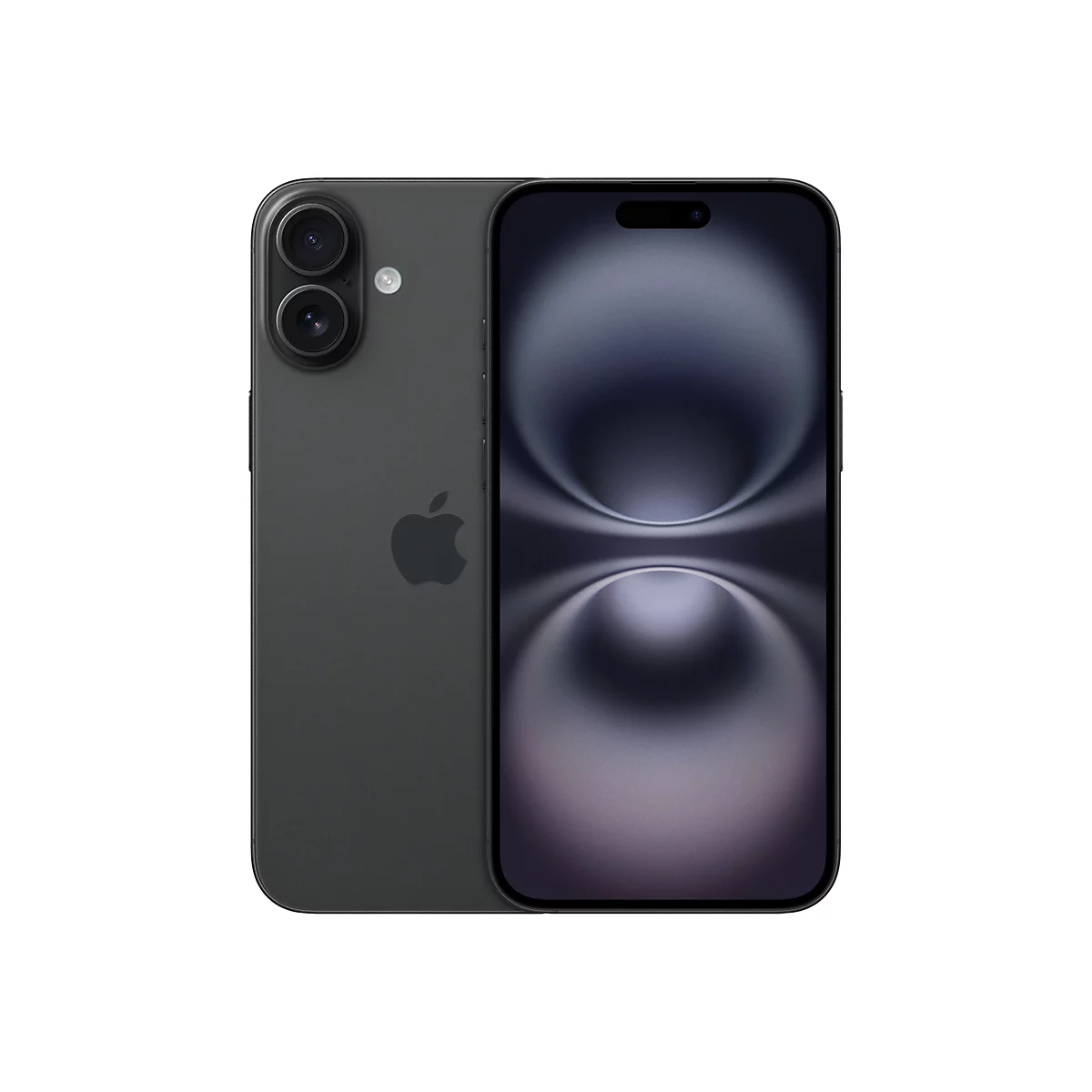 Dunkelgraues Smartphone, Ansicht von vorne und hinten, weißer Hintergrund. Auf der Rückseite sind zwei Kameras und das Apple-Logo zu sehen.