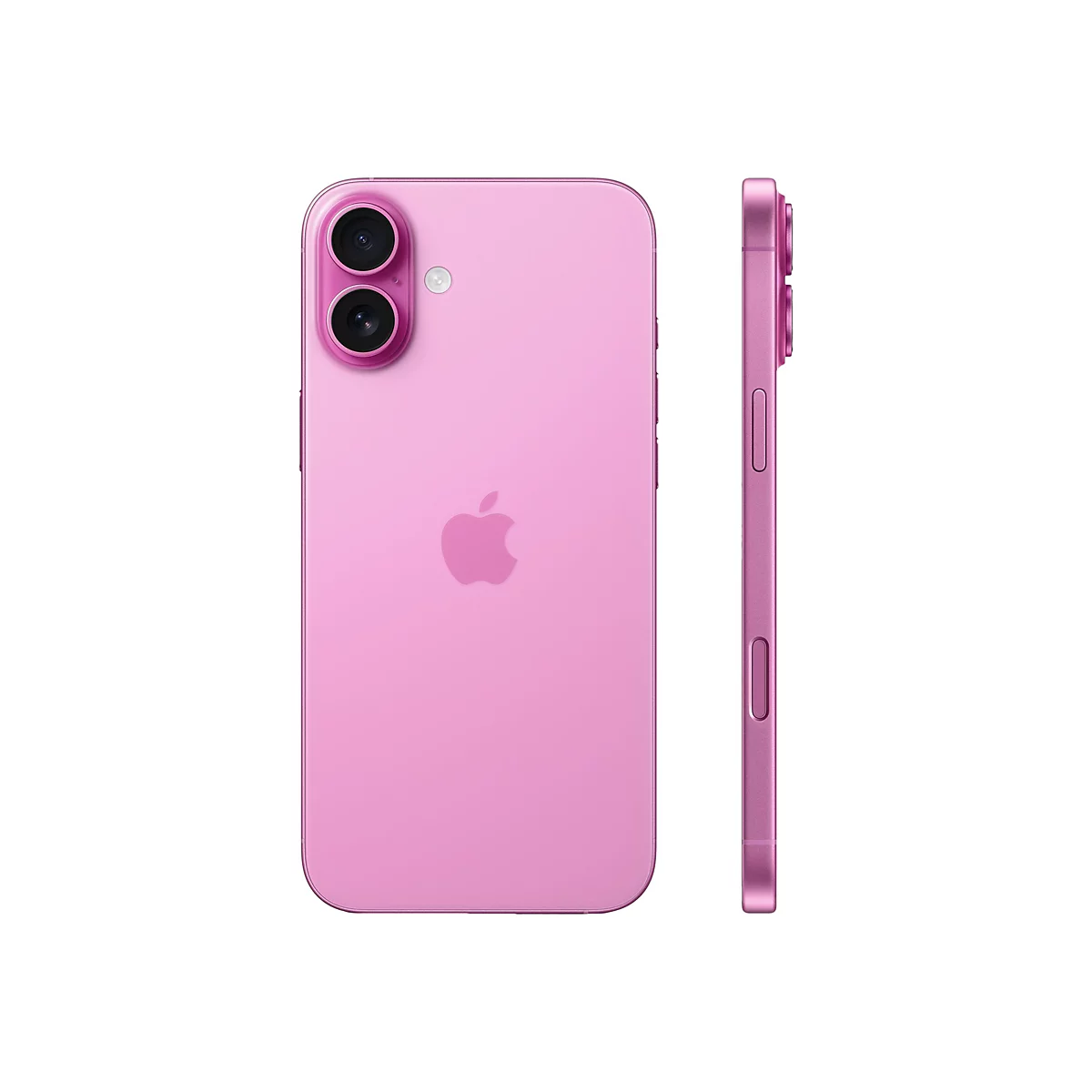 Ein pinkfarbenes Smartphone, Ansicht von Vorder- und Seitenansicht. Auf der Rückseite befindet sich ein Apple-Logo.
