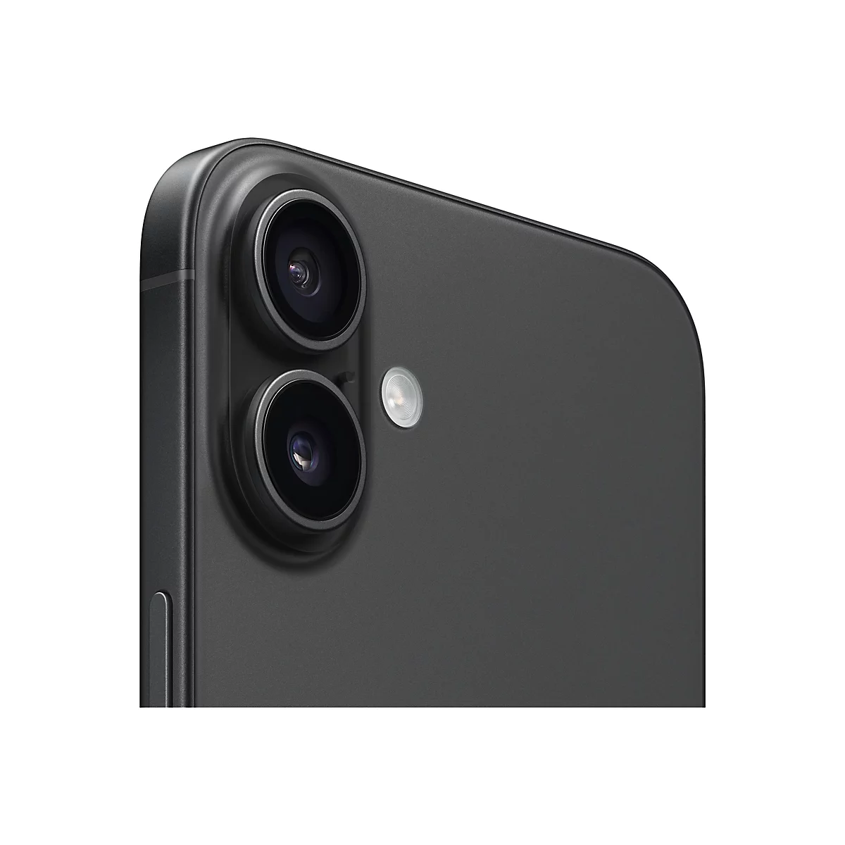 Nahaufnahme der Rückseite eines schwarzen Smartphones. Zwei Linsen, ein Blitz und die abgerundete Ecke. Schwarze Oberfläche.