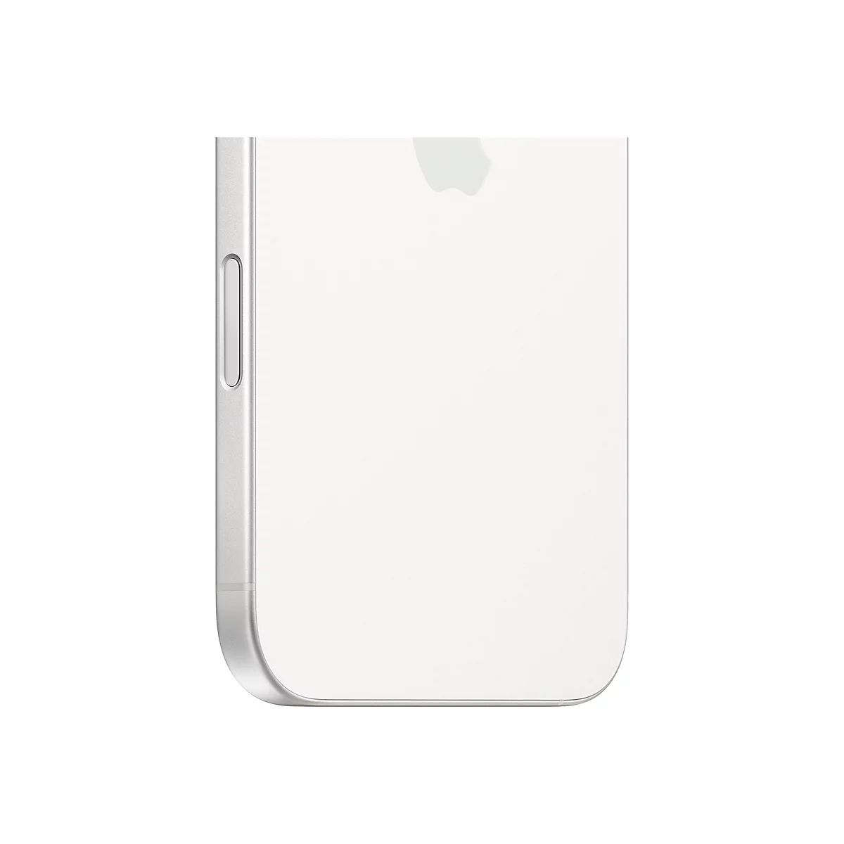 Nahaufnahme eines silbernen Smartphones; die Seite mit den Tasten und dem Apple-Logo ist sichtbar.