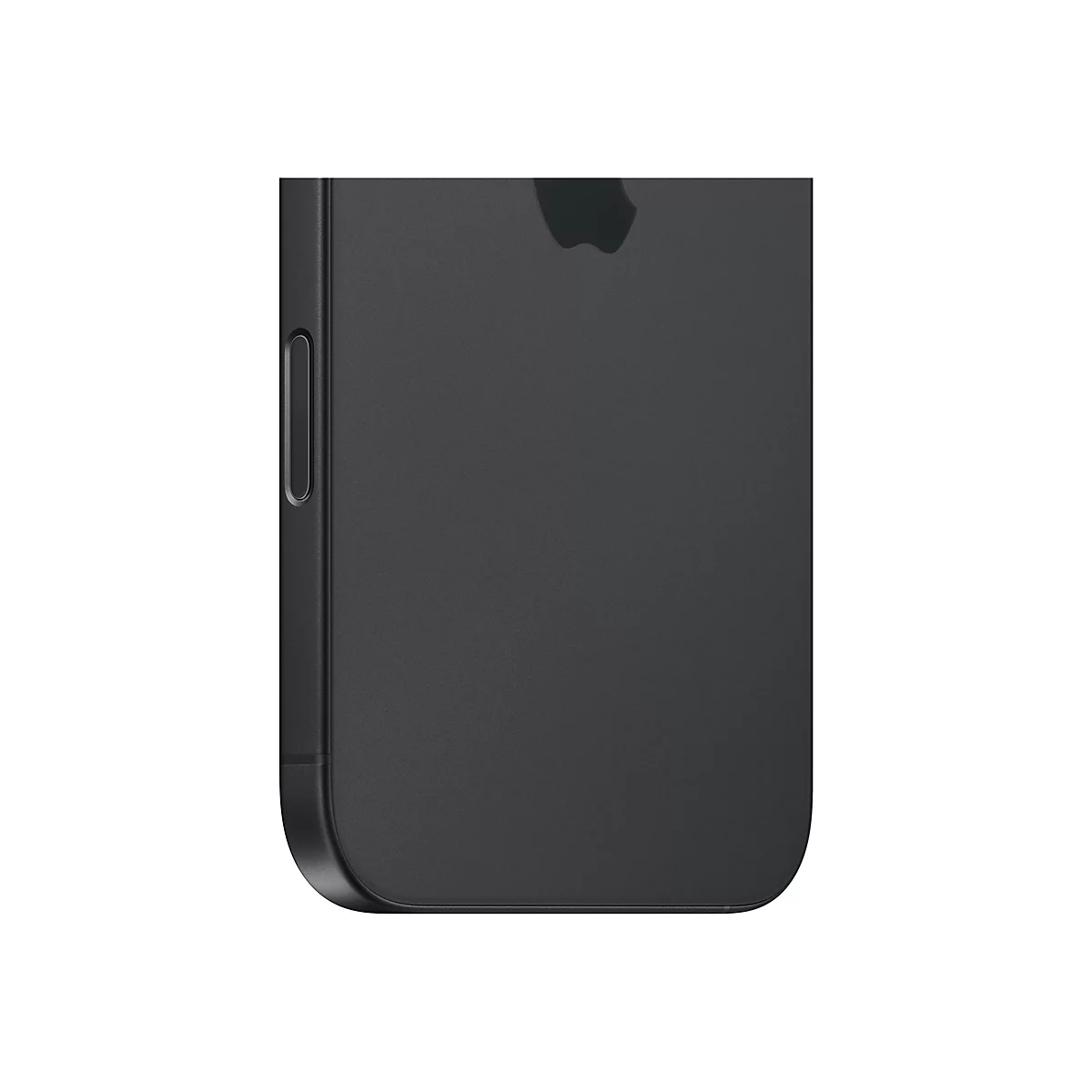 Gros plan d'un smartphone noir. Le côté gauche et l'arrière sont visibles, avec le logo Apple.