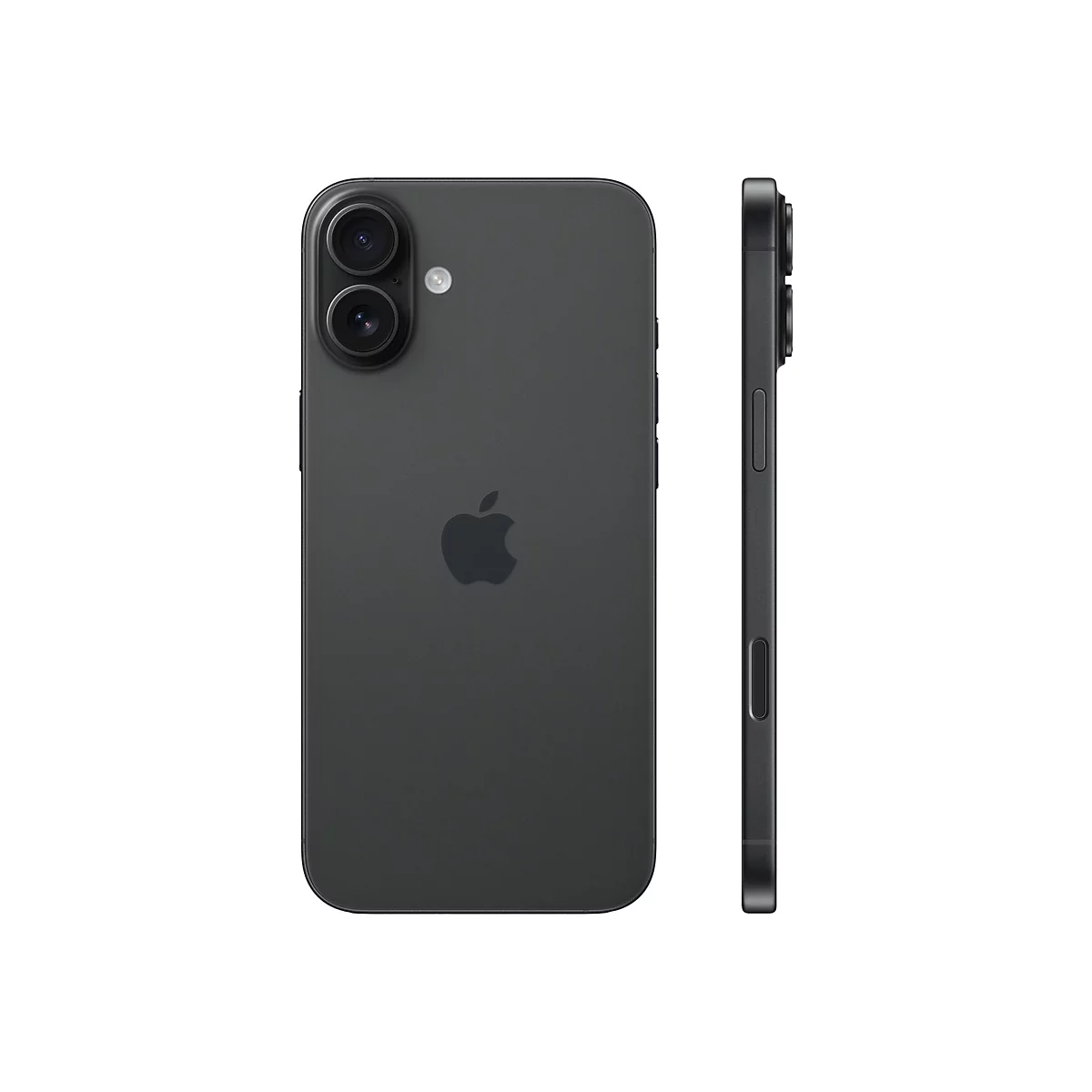 Smartphone gris foncé avec deux caméras, logo Apple, sur fond blanc.
