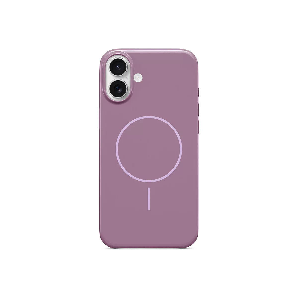 Un étui de téléphone violet avec une découpe pour l'appareil photo et un cercle MagSafe.