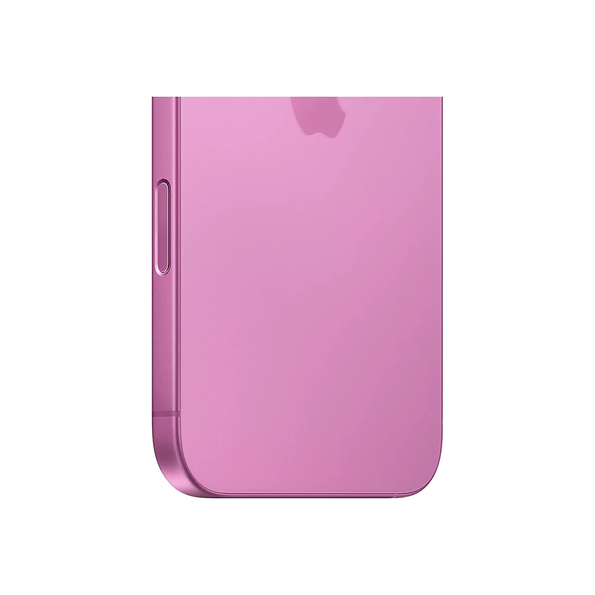 Gros plan sur un smartphone rose montrant le bouton latéral et le logo Apple.