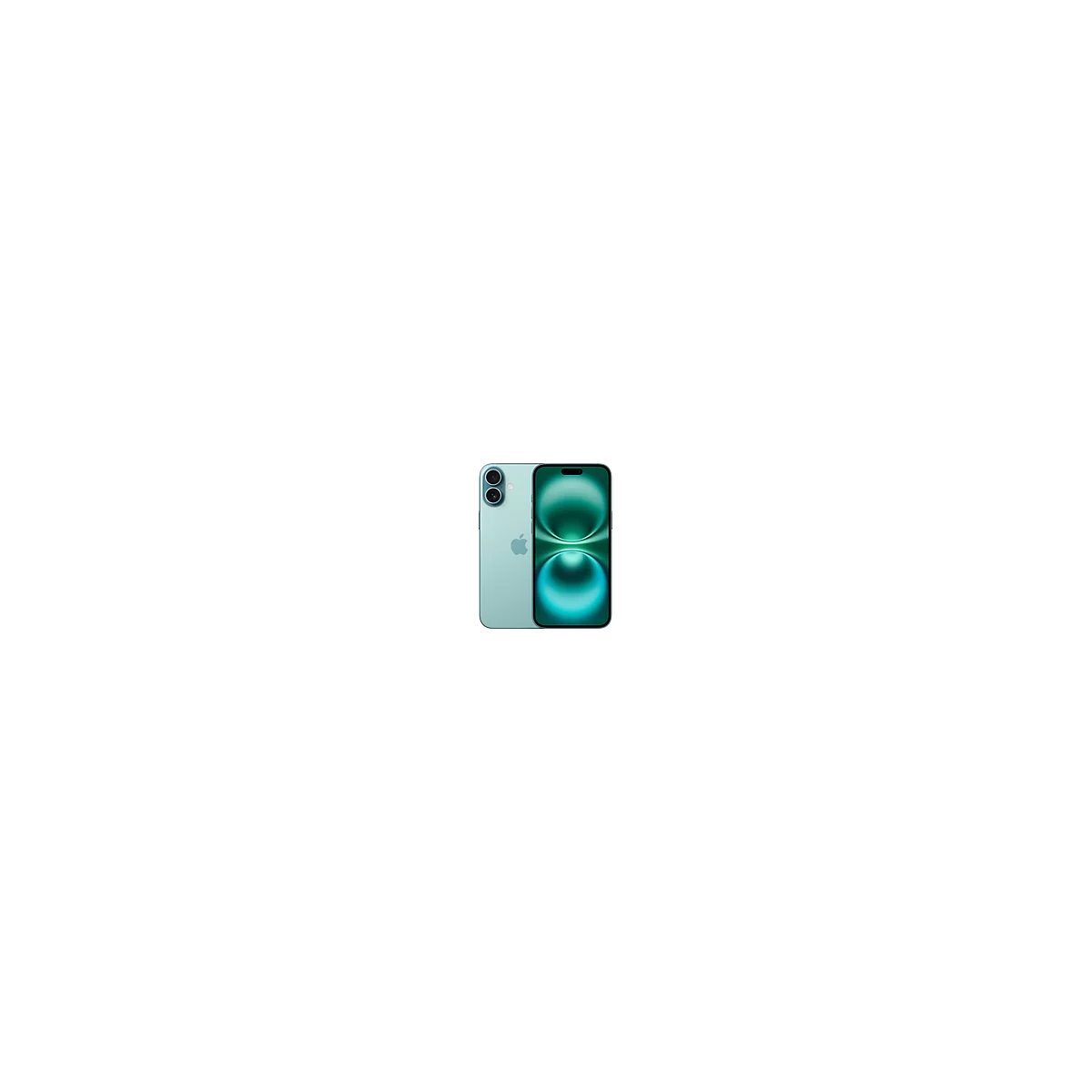 Deux téléphones turquoises, l'un montrant l'arrière avec des caméras, l'autre montrant l'avant avec un écran vert.