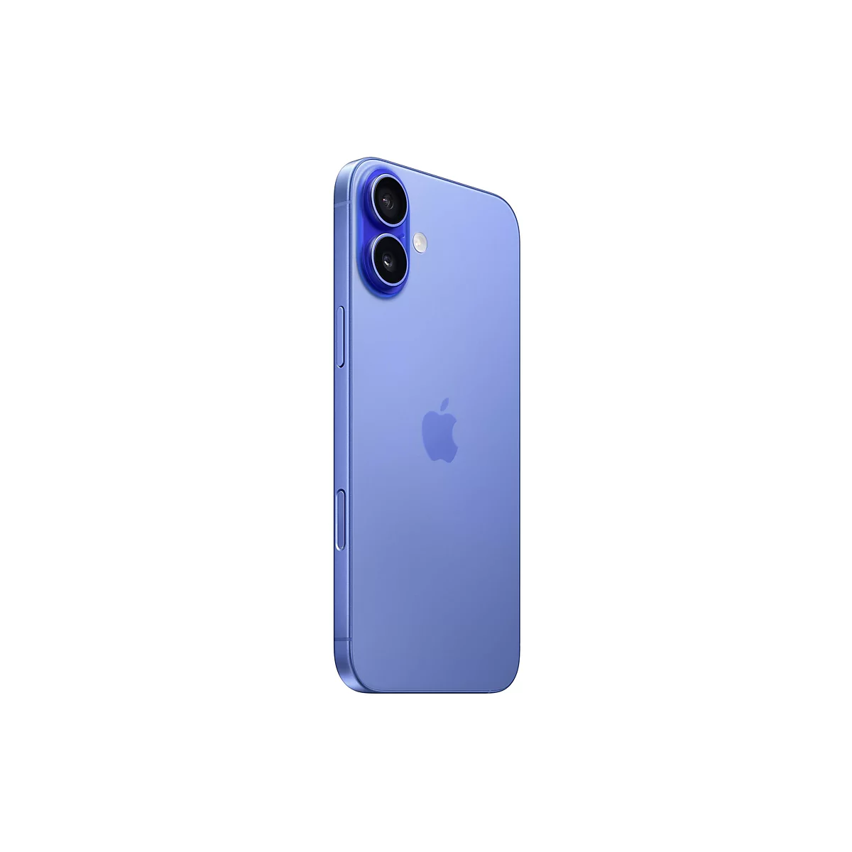 Ein blaues Smartphone mit zwei Kameras, dem Apple-Logo und Knöpfen an der Seite. Vor weißem Hintergrund.