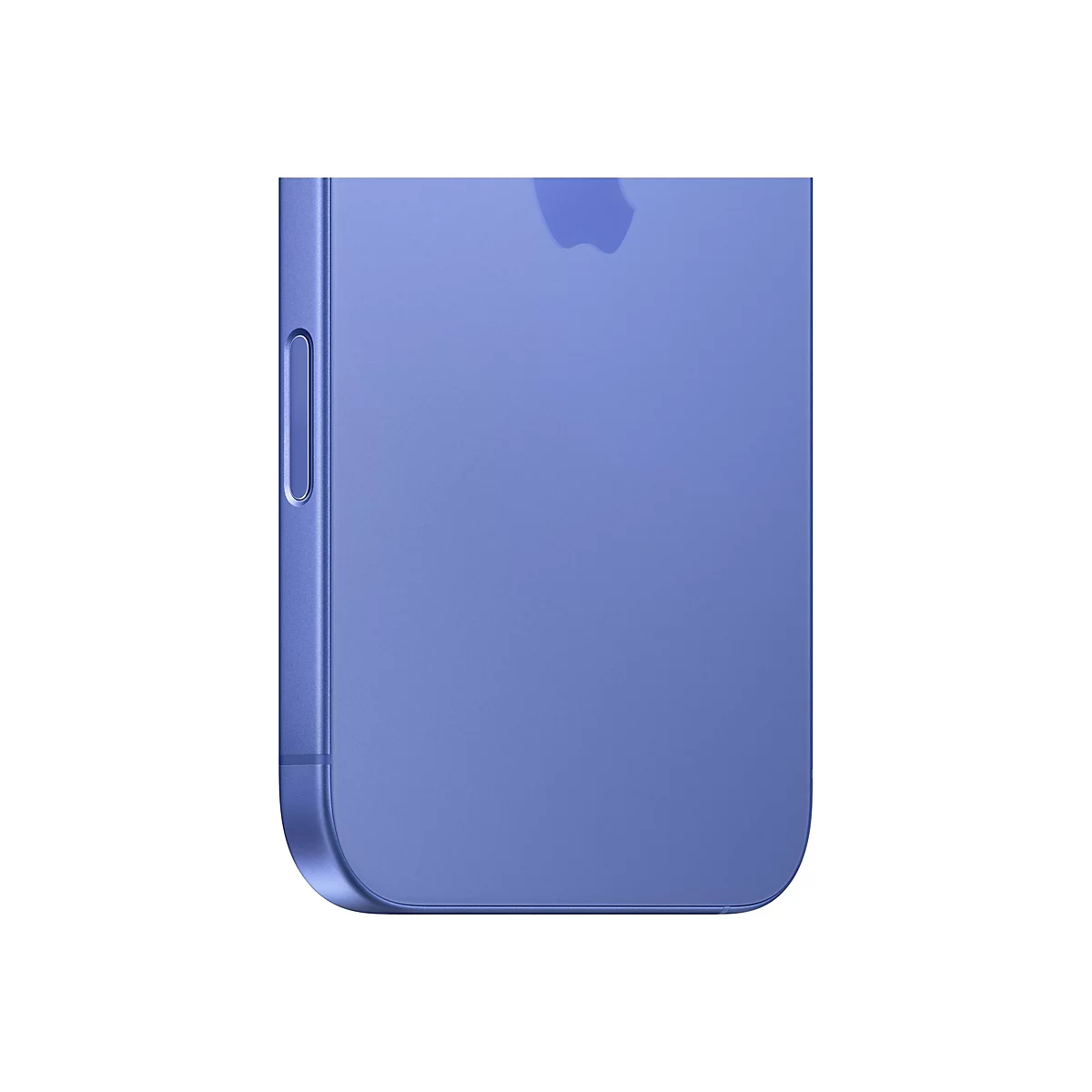 Nahaufnahme eines blauen Smartphones. Auf der Rückseite ist das Apple-Logo. Links ist der Rahmen mit den Tasten zu sehen.