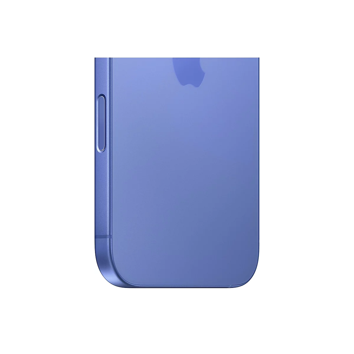 Nahaufnahme eines blauen iPhones; Seite mit Lautstärketasten, Apple-Logo.