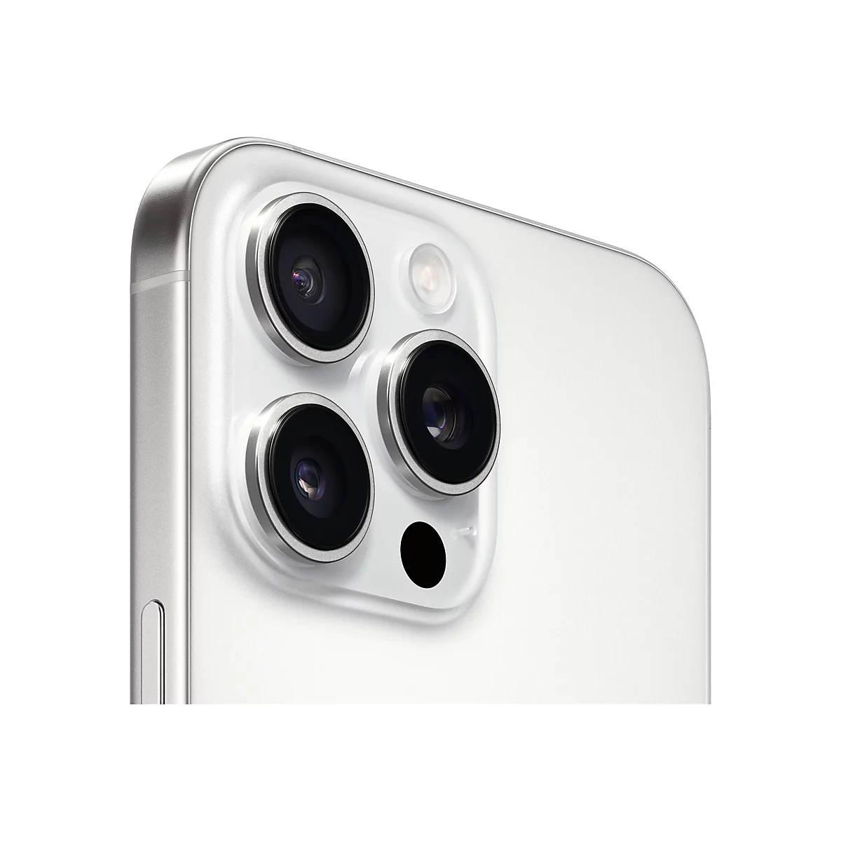 Nahaufnahme der Kamera des iPhones. Drei Objektive mit silbernen Ringen und ein Blitz auf weißem Hintergrund.