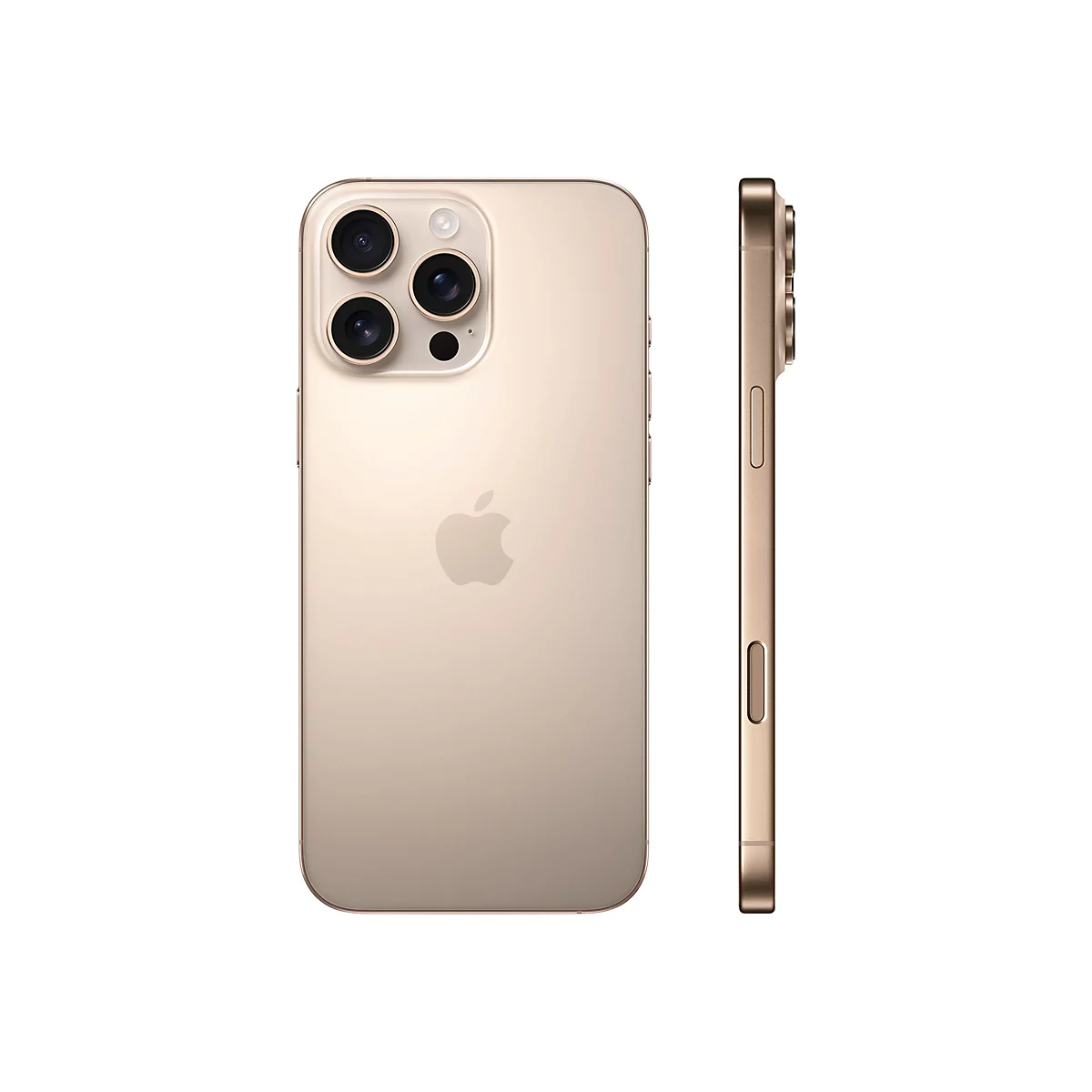 Goldfarbenes iPhone 13 Pro. Rückseite und Seite im Profil. Auf der Rückseite sind drei Kameras sichtbar. Apple-Logo in der Mitte.