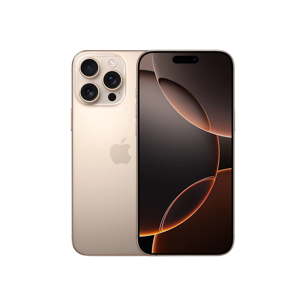 Goldfarbenes iPhone vor weißem Hintergrund, Vorder- und Rückseite gezeigt. Auf der Rückseite drei Kameraobjektive und das Apple-Logo.