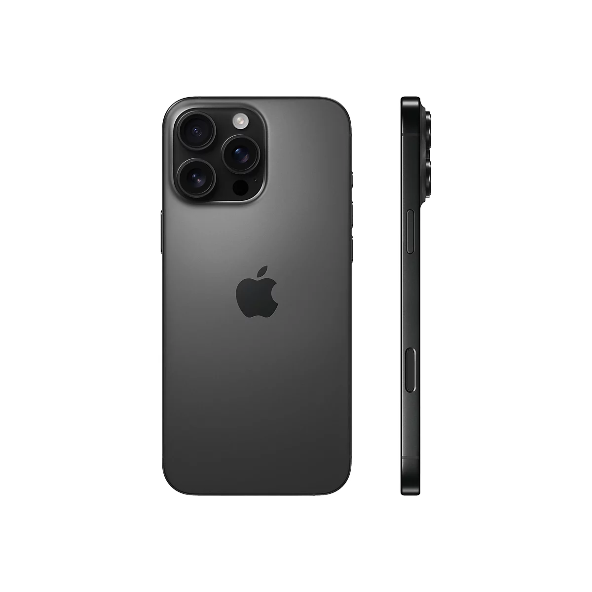 Dunkelgraues Smartphone, Ansicht von vorne und Seite, mit Kameras und Apple-Logo.