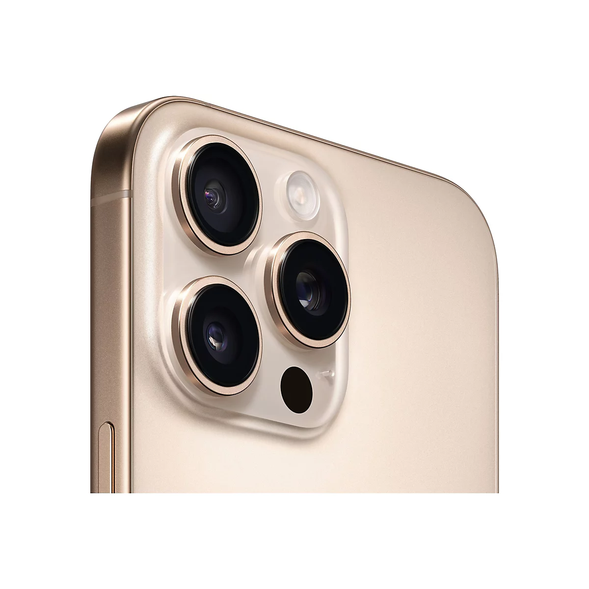 Nahaufnahme des goldfarbenen Kamera-Moduls eines Smartphones mit drei Objektiven und einem Blitz.