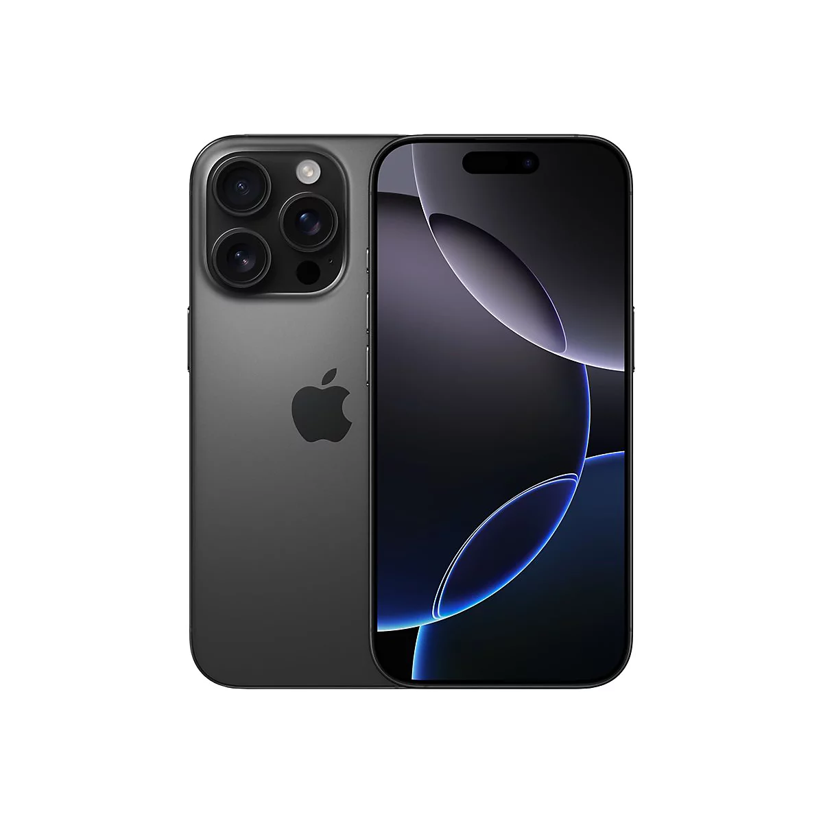 Dunkelgraues Smartphone mit drei Objektiven, Apple-Logo und groÃŸem Display mit blauen Highlights, vor weiÃŸem Hintergrund.