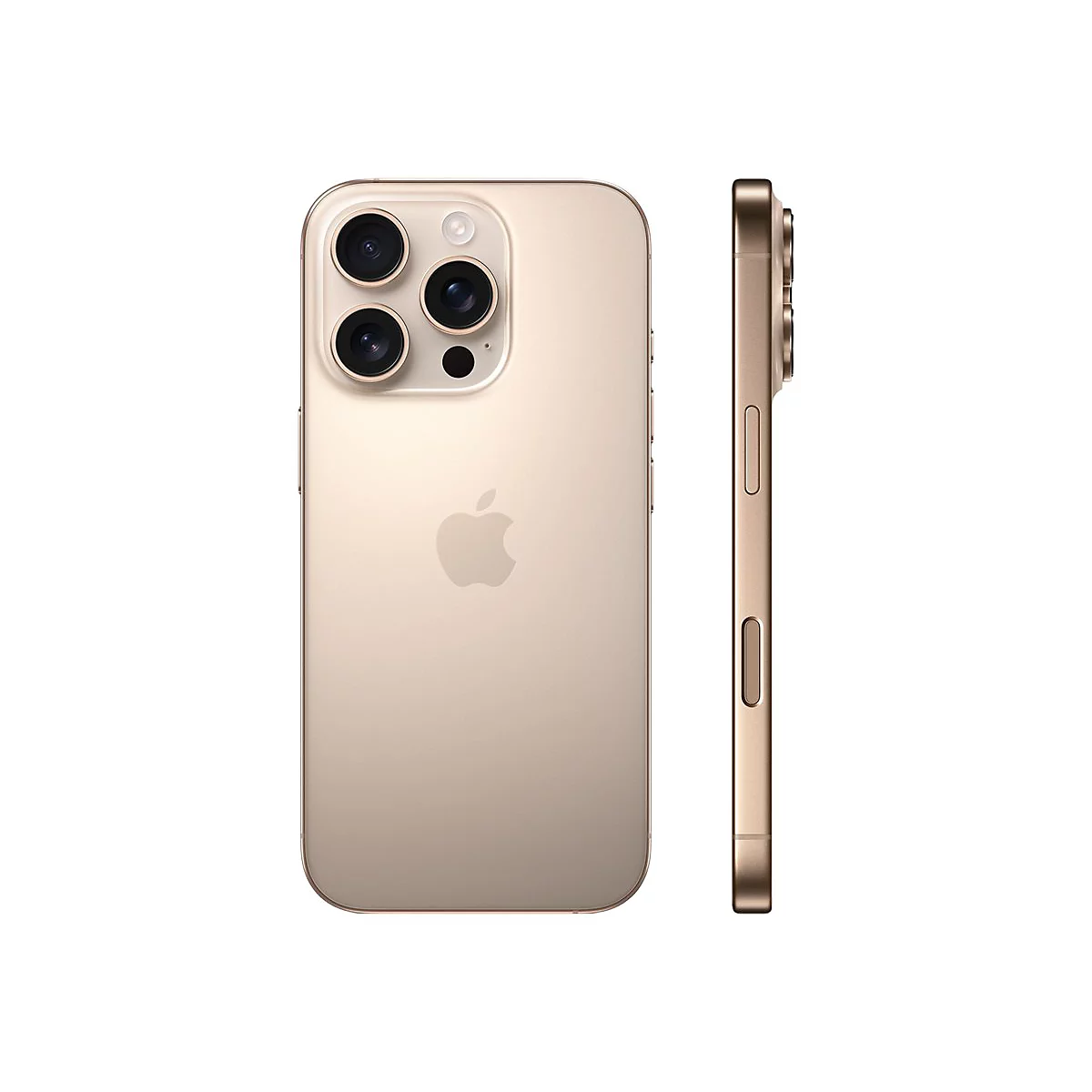 Goldfarbenes iPhone, Rückseite und Seite, auf weißem Hintergrund. Drei Kameras, Apfel-Logo.