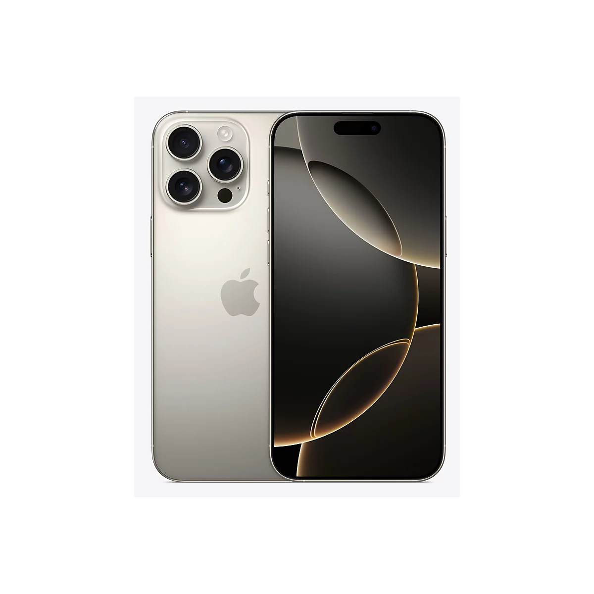 Ein Smartphone mit drei Kameras auf der Rückseite und einem Bildschirm, der die Vorderseite einnimmt. Die Rückseite ist hell, die Vorderseite schwarz.