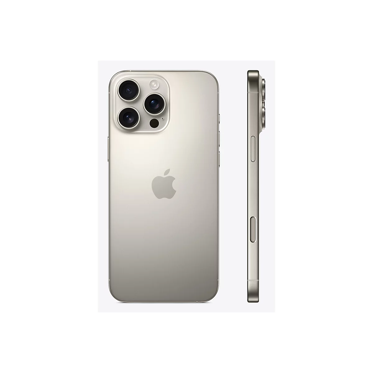 Hellgraues iPhone mit drei Kameras auf der Rückseite, das Apple-Logo und die Seitentaste sind sichtbar.