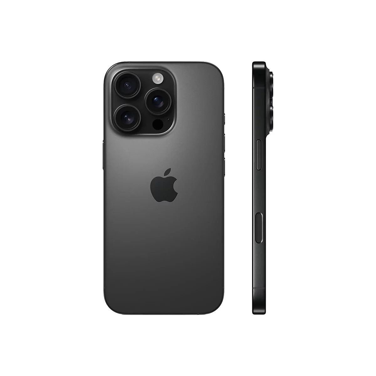 Dunkelgraues iPhone mit drei Kameraobjektiven und Apple-Logo, von vorne und seitlich.
