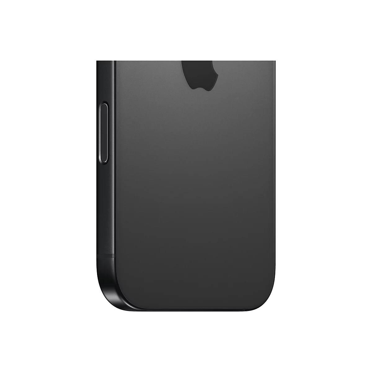 Nahaufnahme eines schwarzen Smartphones. Auf der rechten Seite das Apple-Logo. Auf der linken Seite die Lautstärketasten.