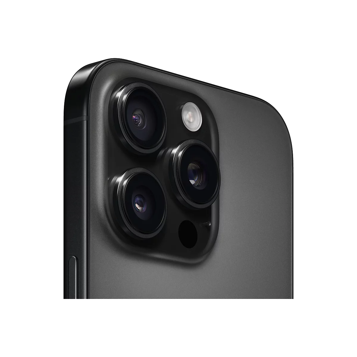 Nahaufnahme der Rückseite eines schwarzen iPhones mit drei Kameralinsen, einem Blitz und einem Mikrofon.