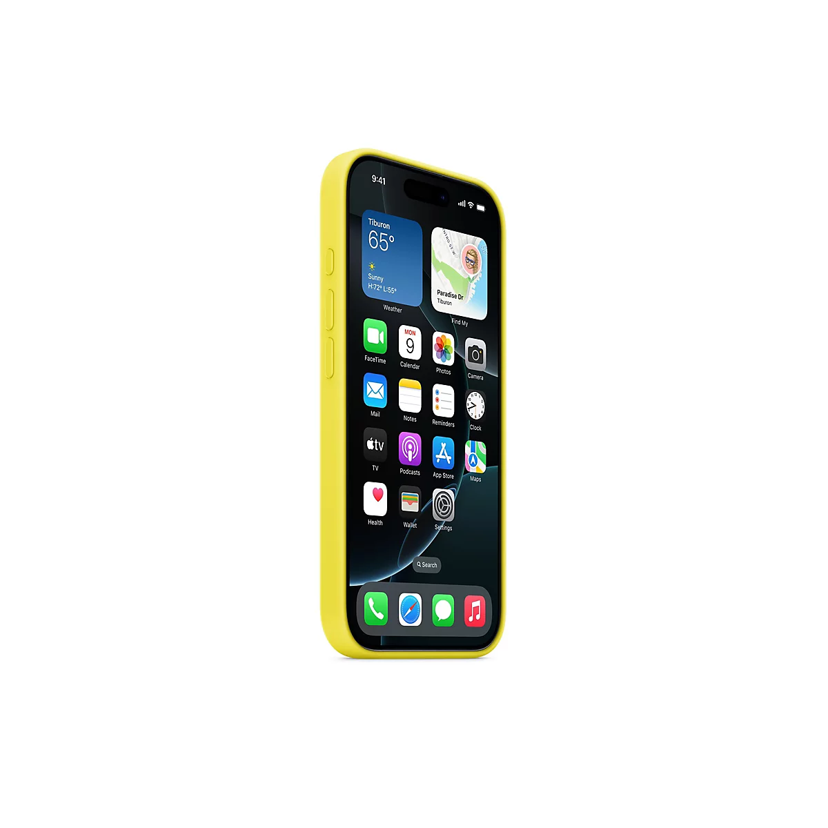 Un iPhone avec une coque jaune sur fond blanc. L'écran affiche des applications et des informations météorologiques.