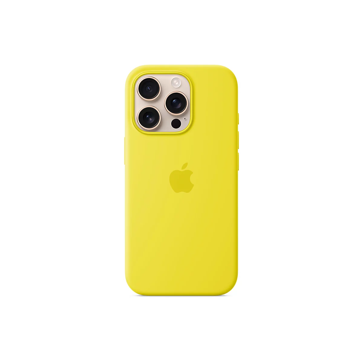 Coque d'iPhone jaune avec découpe pour appareil photo et logo Apple, sur fond blanc.