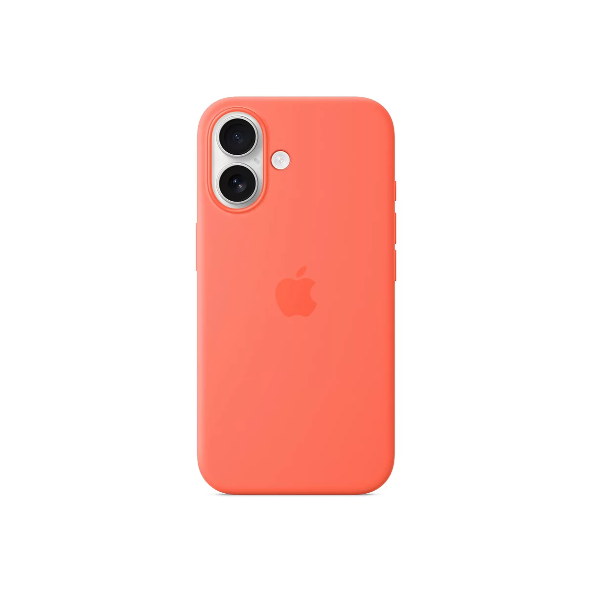 Coque de téléphone de couleur corail, avec caméra et logo Apple, sur fond blanc.