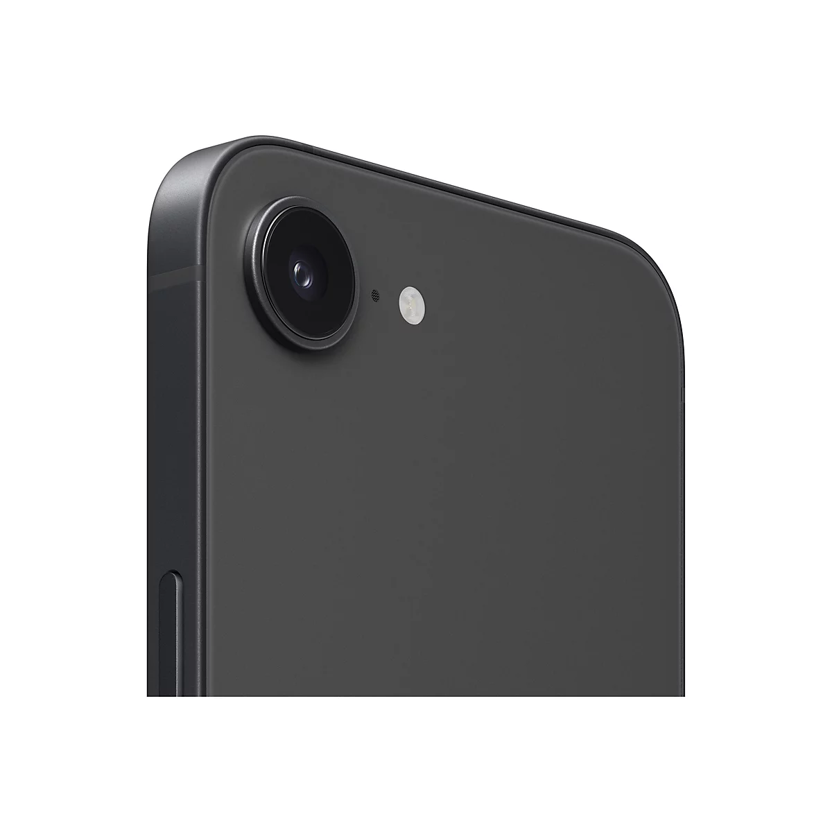 Nahaufnahme eines schwarzen Smartphones. Fokus liegt auf der Kamera mit Objektiv und Blitz.