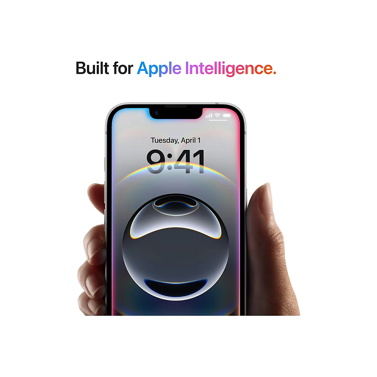 Ein Smartphone wird von einer Hand gehalten. Der Bildschirm zeigt eine Uhrzeit von 9:41 Uhr. DarÃ¼ber steht Built for Apple Intelligence.