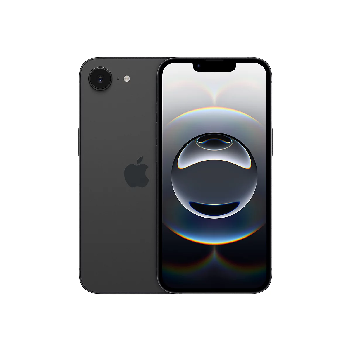 Schwarzes iPhone, Vorder- und RÃ¼ckseite gezeigt. Auf dem Bildschirm ist ein sphÃ¤risches Design zu sehen. Ein Apple-Logo auf der RÃ¼ckseite.